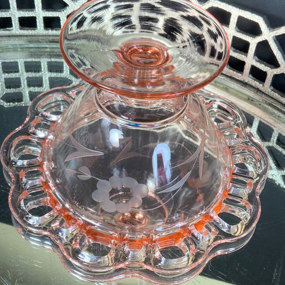Vintage Old Colony Open Lace Compote Pink Etched Depression Glass MCM #N1 - Picture 5 of 6
